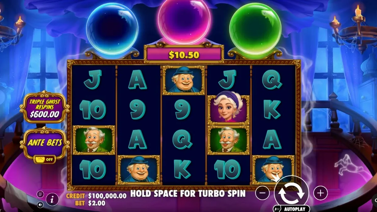 Tampilan visual slot Great Ghosts dengan nuansa rumah berhantu yang kartun dan penuh warna.